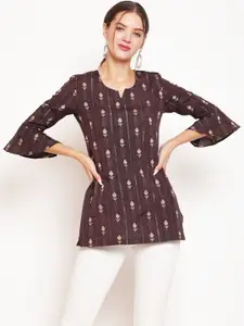 AKIMIA Women Coffee Brown & Gold-Toned Thread Work Pure Cotton Thread Work Kurti