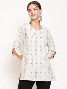 AKIMIA Women Cream-Coloured Thread Work Pure Cotton Jacquard Handloom Thread Work Kurti