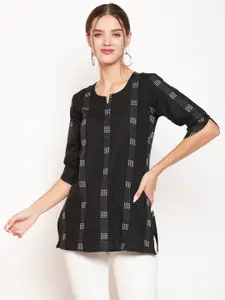 AKIMIA Women Black & White Woven Design Pure Cotton Jacquard Handloom Thread Work Kurti