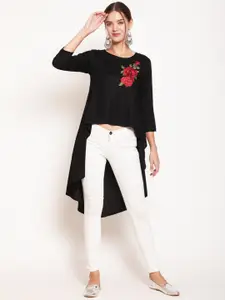 AKIMIA Women Black & Red Floral Embroidered High-Low Crop Top