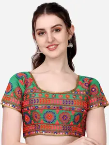 PUJIA MILLS Green & Orange Embroidered Silk Saree Blouse
