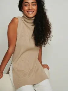NA-KD Women Beige Solid Longline Pullover