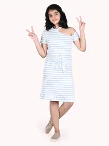 Zalio Blue Printed Striped Pure Cotton Round Neck A-Line Dress