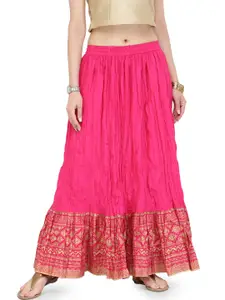 Varanga Pink Flared Maxi Pure Cotton Skirt with Crinkled Effect