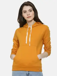 Campus Sutra Women Mustard Hooded Sweatshirt