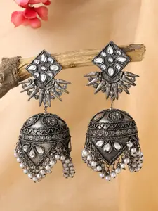 Yellow Chimes Silver-Toned Oxidised Moti Studded Mirror Work Jhumka Earring