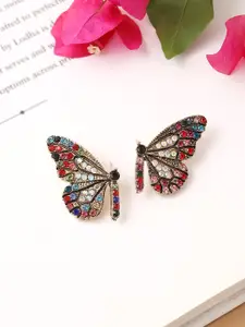 Yellow Chimes Women Gold-Toned & Blue Butterfly Designed Stud Drop Earrings