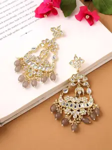 Yellow Chimes Women Gold-Toned & Grey Studded Kundan Beads Long Dangler Earrings