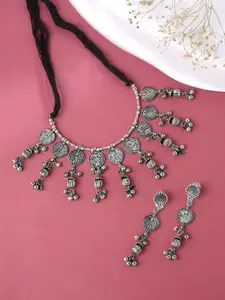 Yellow Chimes Silver Oxidised Floral & Leaf Shape Fattering Adjustable Choker Necklace Set