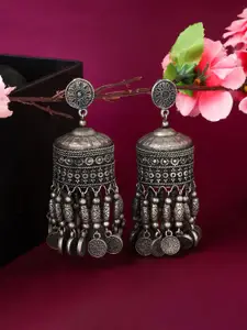 Yellow Chimes Silver-Toned Oxidised Dome Shaped Jhumkas Earrings