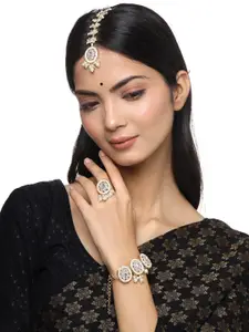 Yellow Chimes Gold-Plated White Kundan Studded Bracelet Maangtika & Ring Earring Set