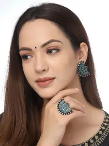 Yellow Chimes Green Oxidised Contemporary Studs Earring with Ring