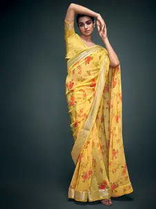 Saree mall Yellow & Gold-Toned Floral Printed Pure Georgette Saree