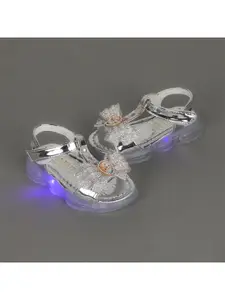 FEETWELL SHOES Girls Silver-Toned Embellished LED Open Toe Flats with Bows
