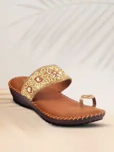 Metro Women Gold-Toned & Tan Wedge Sandals
