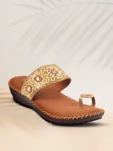 Metro Women Gold-Toned & Tan Wedge Sandals