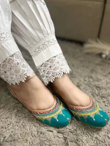 DESI COLOUR Women Sea Green Embellished Ethnic Mojaris Flats