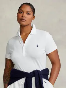 Polo Ralph Lauren Women White Solid Pure Cotton Slim Fit Stretch Polo Collar Shirt
