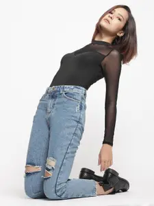 Belliskey Women Blue Slash Knee Light Fade Jeans