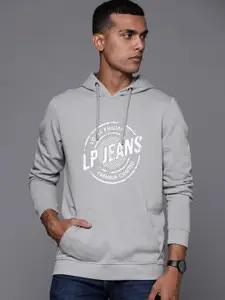 Louis Philippe Jeans Men Grey & White Printed Pure Cotton Hooded Sweatshirt