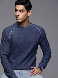 Louis Philippe Jeans Men Navy Blue Solid Pure Cotton Raglan Sleeves Pullover