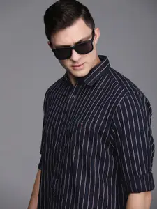 Louis Philippe Jeans Men Navy Blue & White Slim Fit Striped Pure Cotton Casual Shirt