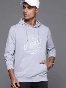 Louis Philippe Jeans Men Blue & White Pure Cotton Printed Hooded Sweatshirt