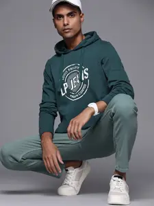 Louis Philippe Jeans Men Teal Green & White Printed Hooded Sweatshirt