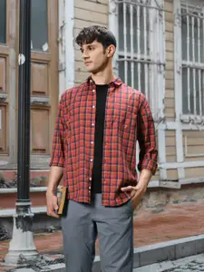 Louis Philippe Jeans Men Orange & Navy Blue Slim Fit Tartan Checked Cotton Casual Shirt