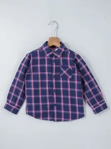 Beebay Boys Navy Blue & Pink Windowpane Checked Cotton Casual Shirt