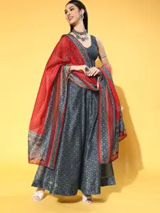 anayna Women Blue And Red Floral Print Lehenga And Sleeveless Blouse With Dupatta