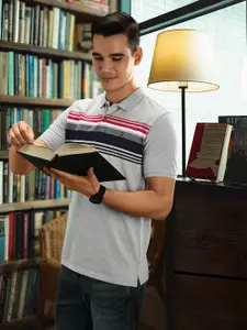 Louis Philippe Sport Men Grey & Navy Blue Striped Polo Collar T-shirt