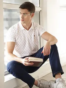 Louis Philippe Sport Men White & Navy Blue Geometric Printed Polo Collar T-shirt