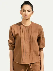 Lake Peace Women Brown Solid Pleated Pure Cotton Top