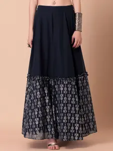 INDYA X Ridhi Mehra Women Navy Blue & Gold-Coloured Printed Tiered Maxi Skirt