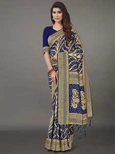 KALINI Navy Blue & Gold-Toned Woven Design Zari Silk Blend Saree