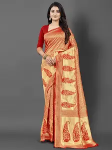 KALINI Red & Gold-Toned Woven Design Zari Silk Blend Banarasi Saree