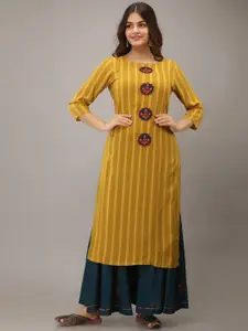 KALINI Women Yellow Embroidered Kantha Work Kurta with Skirt