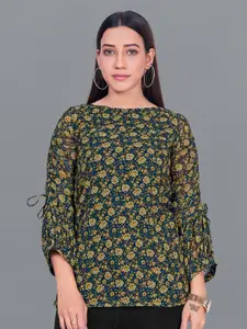 FASHION DREAM Olive Green Floral Print Georgette Top