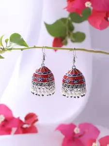 VIRAASI Women Silver-Toned & Red Dome Shaped Jhumkas Earrings