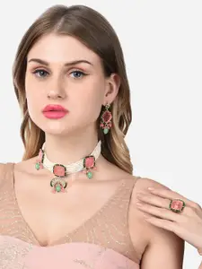 Zaveri Pearls Pink & Green Pearls Beaded Choker Necklace Set With Ring