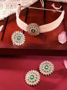 Zaveri Pearls Beige & Green Meenakari Choker Necklace Set With Ring