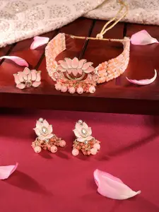Zaveri Pearls Orange & Peach Meenakari Lotus Crystal Choker Necklace Earring & Ring Set