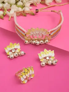 Zaveri Pearls Yellow Crystals Lotus Meenakari Choker Necklace Earring & Ring Set