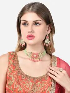 Zaveri Pearls Pink & Green Crystal Choker Necklace Earring & Ring Set