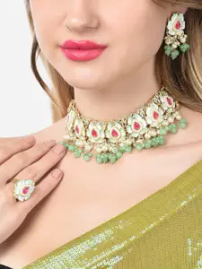 Zaveri Pearls Pink & Green Lotus Design Meenakari Choker Necklace Earring & Ring Set