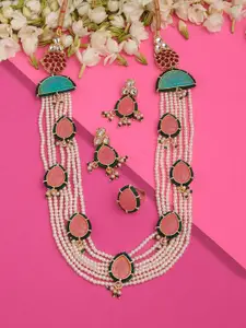 Zaveri Pearls Pink Stones & Green Beads Multistrand Pearls Necklace Earring & Ring Set