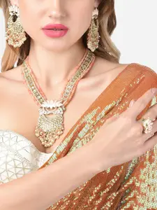Zaveri Pearls Peach Meenakari Lotus Bridal Kundan Long Necklace Earring & Ring Set