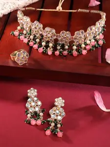 Zaveri Pearls Pink & Green Beads Kundan Flowers Choker Necklace Earring & Ring Set