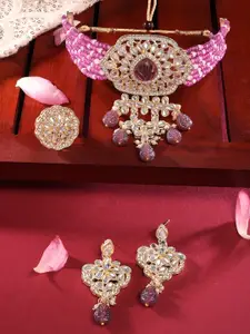 Zaveri Pearls Purple Beads Traditional Kundan Choker Necklace Earring & Ring Set